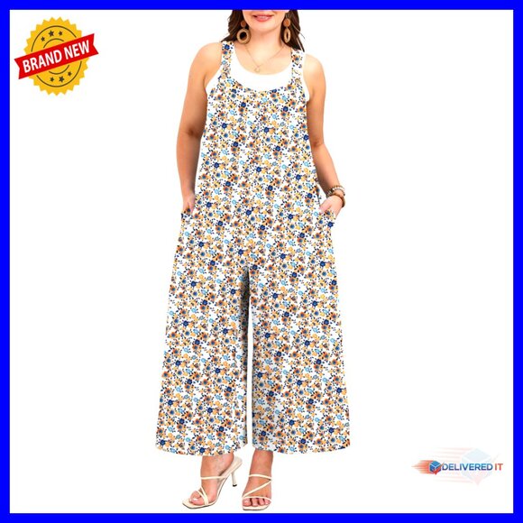 Plus Size Reversible Jumpsuit Wide Leg Romper Adjustable Straps Pockets